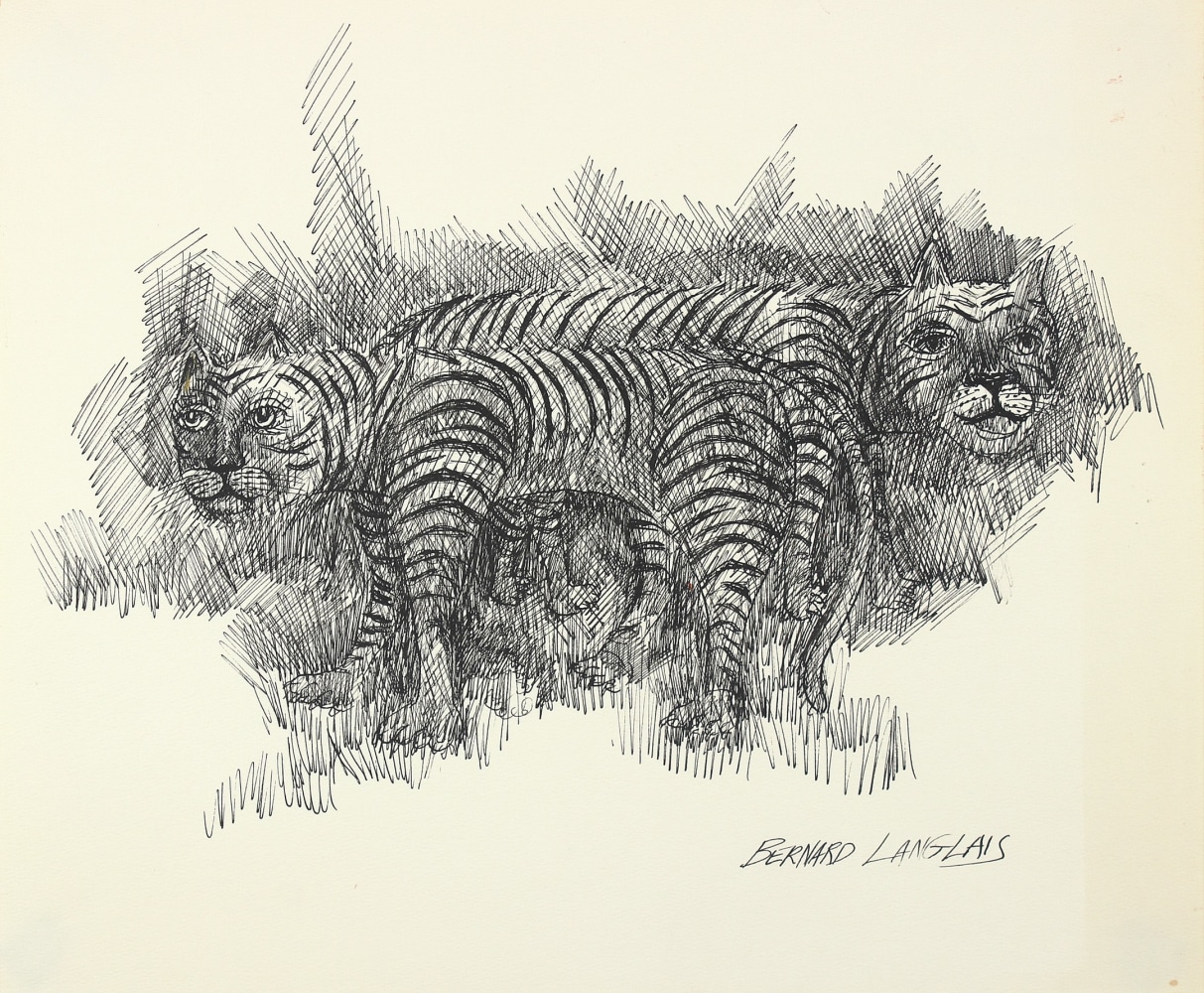 Drawing of two tigers standing in grass
