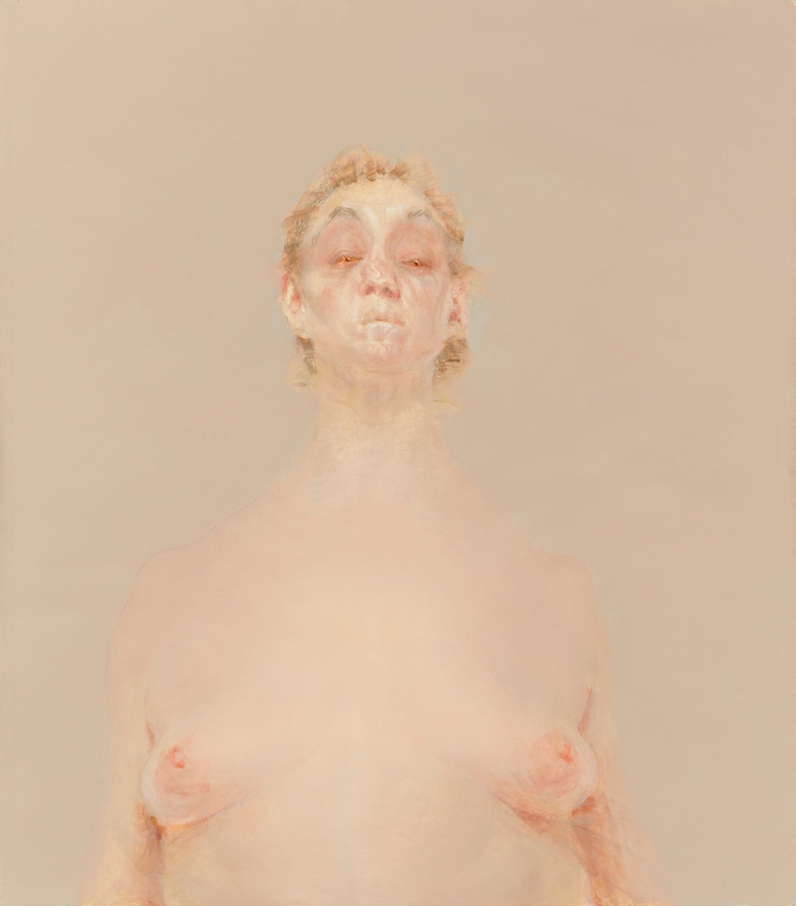 Painting of a nude figure standing against an atmospheric beige background