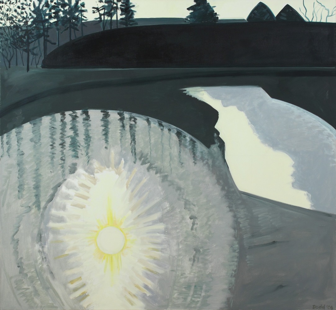 Painting of a radiant sun reflected in a pond, with dark green foliage in the background