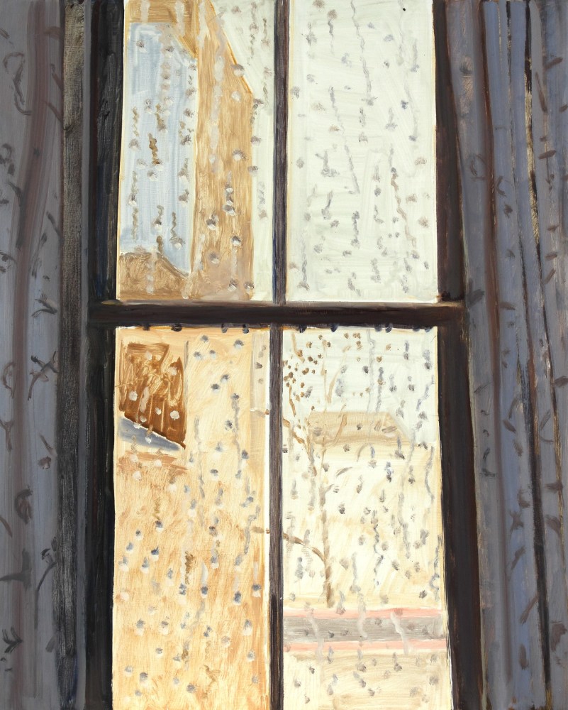 Painting of a view from an interior window covered in rain, looking out at buildings and a tree