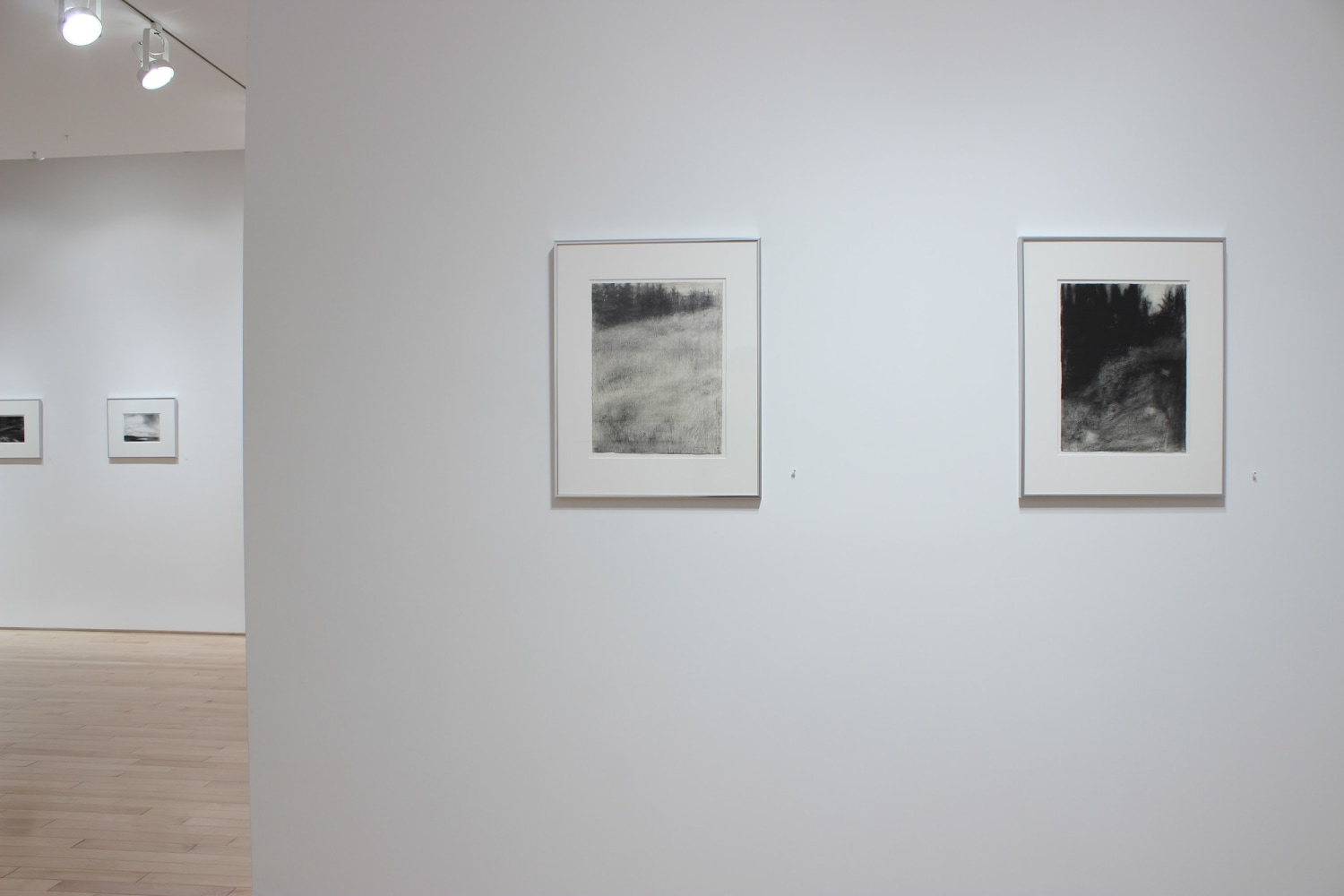 Photograph showing a view of an exhibition space, with two drawings hanging on a white wall