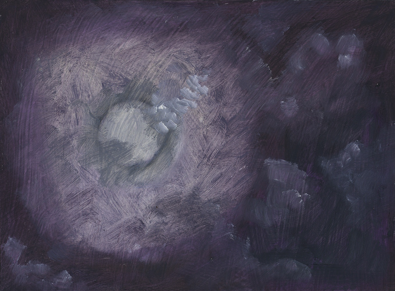 Painting of a full moon behind clouds in a cloudy night sky