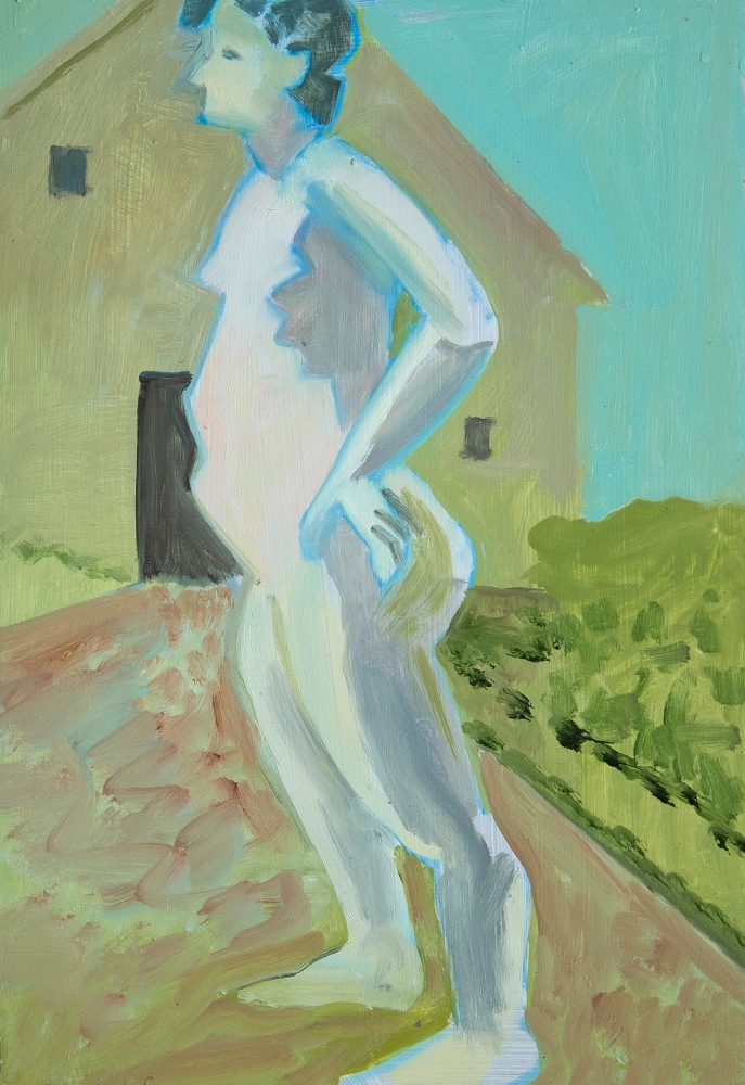 Painting of a side view of a nude figure, standing outside with building in the background