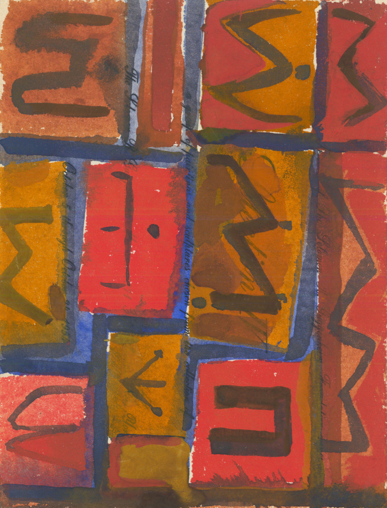 Abstract painting on paper with geometric forms in red, yellow, blue and dark grey
