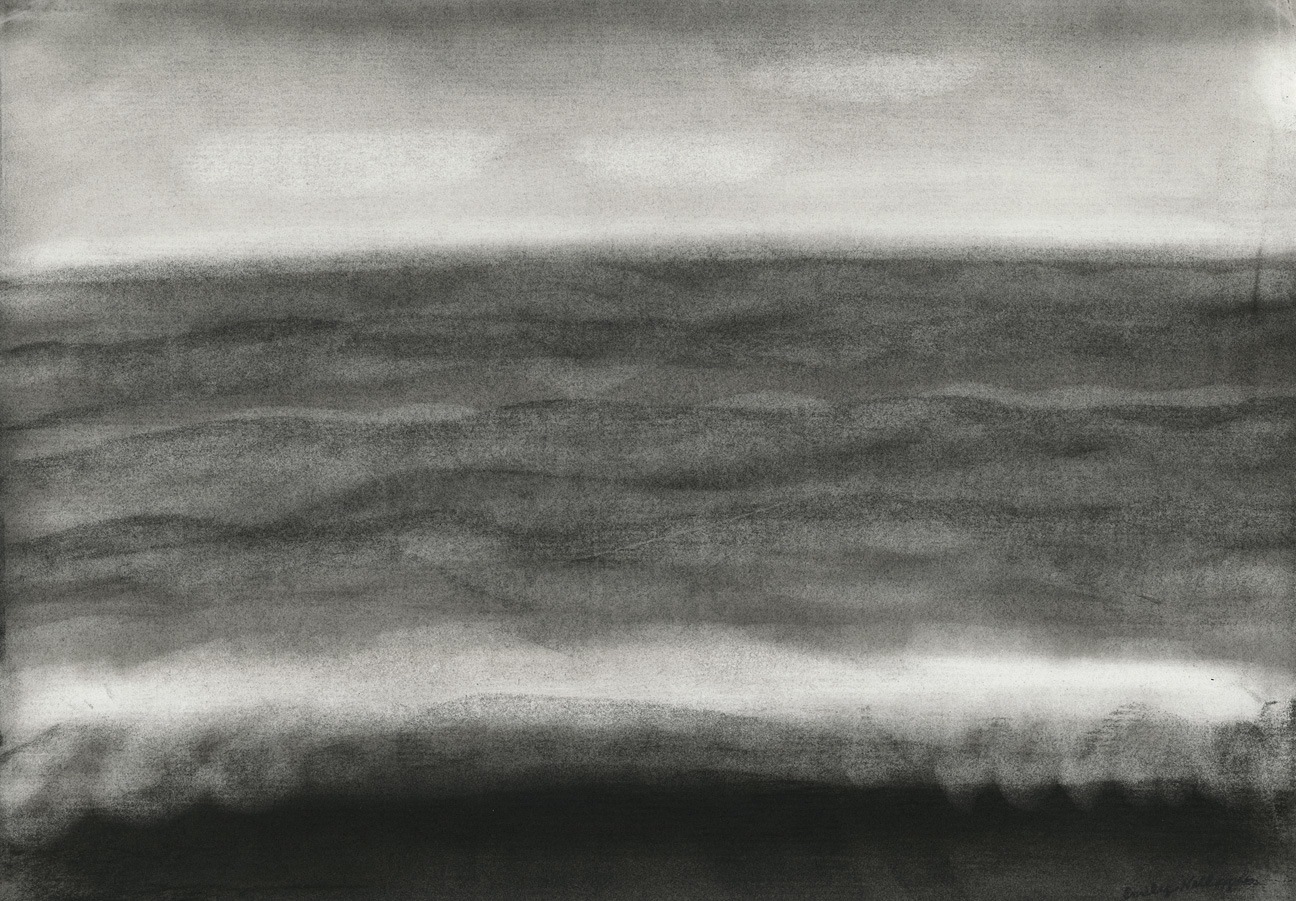 Charcoal landscape drawing of the sea at dawn or dusk, with a wave approaching the shore