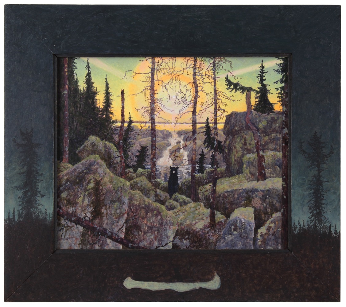 Painting of a rocky forest scene with a single bear in the center facing the viewer, and a radiant sunset in the background