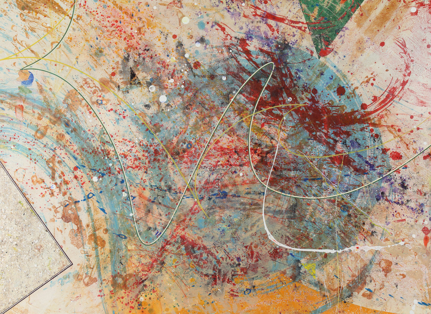 Abstract painting with geometric lines and shapes arranged on a textured off-white surface with washes of blue, red, and yellow