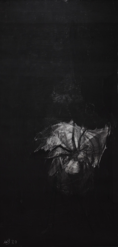 Dark charcoal drawing with a spider on top of the image of a face
