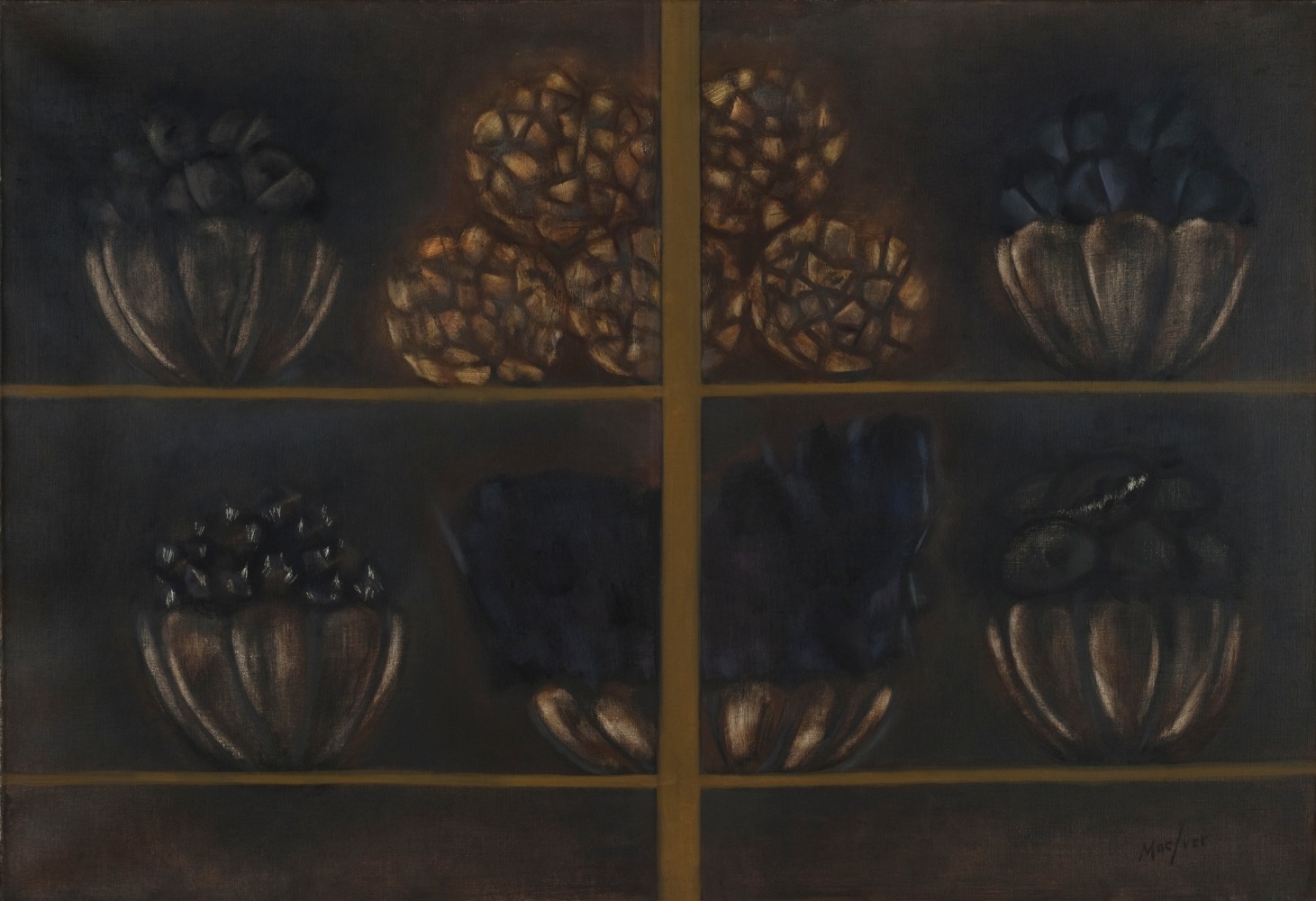 Painting of two shelves holding small dishes of dark stone and cut pieces of wood