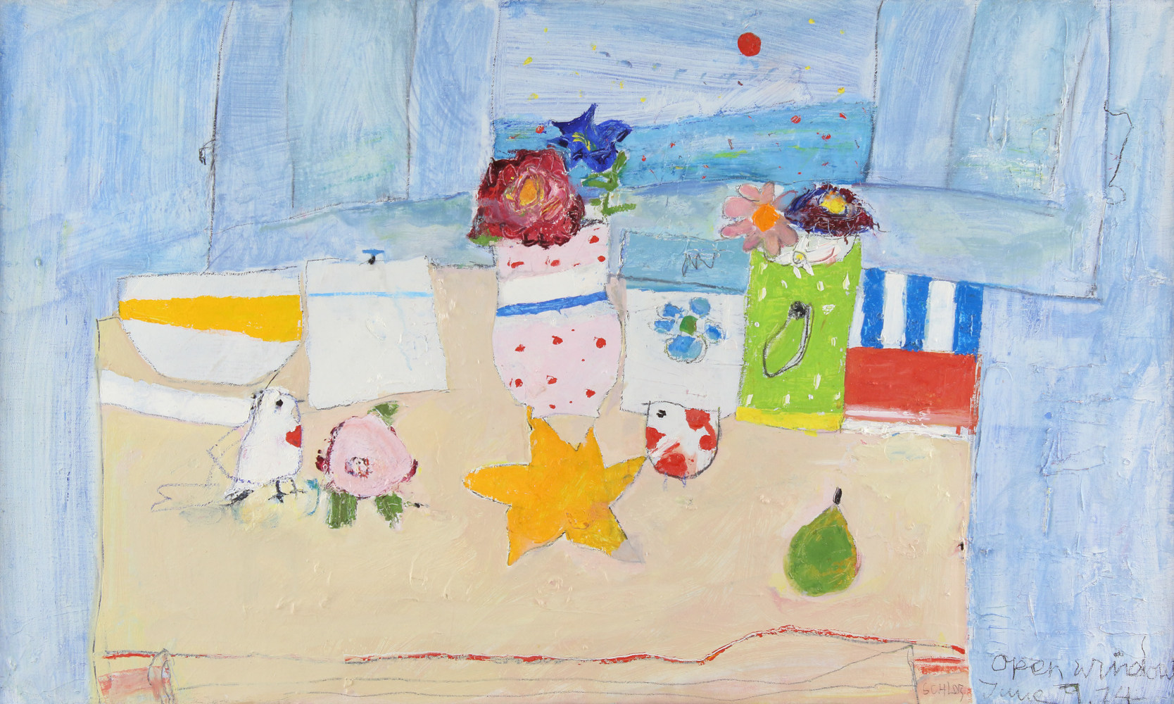 Painting of an abstracted still life on a table  in front of an open window, with a view looking at sea, sky and red sun
