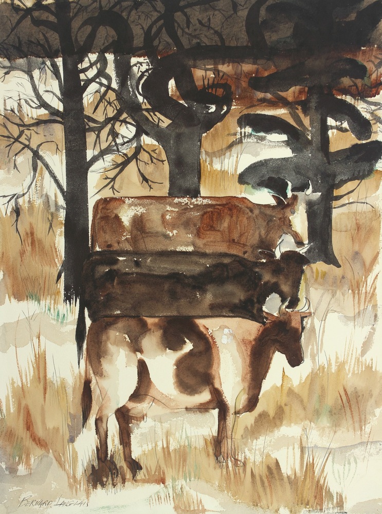 Painting on paper of three cows standing in a brown field with three black trees behind them