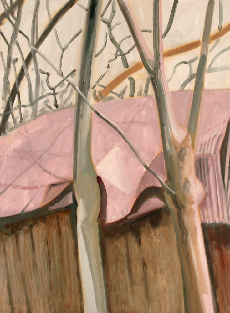 Painting of a brown building with a pink roof, and two bare trees in the foreground