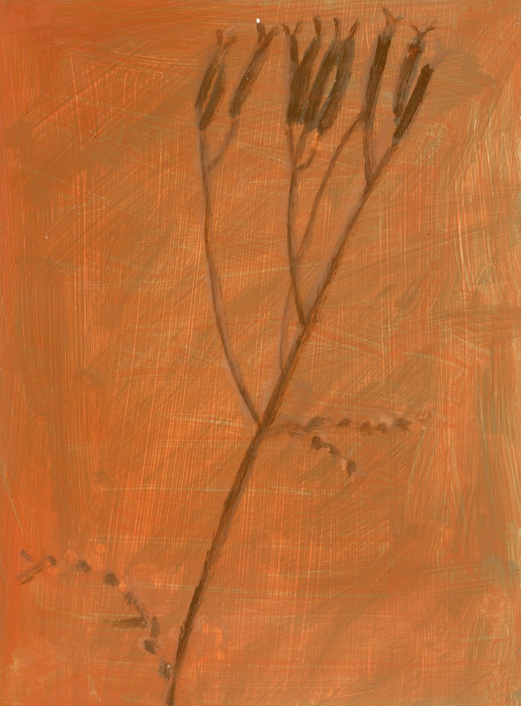 Painting of a branch of seed pods on a deep orange ground