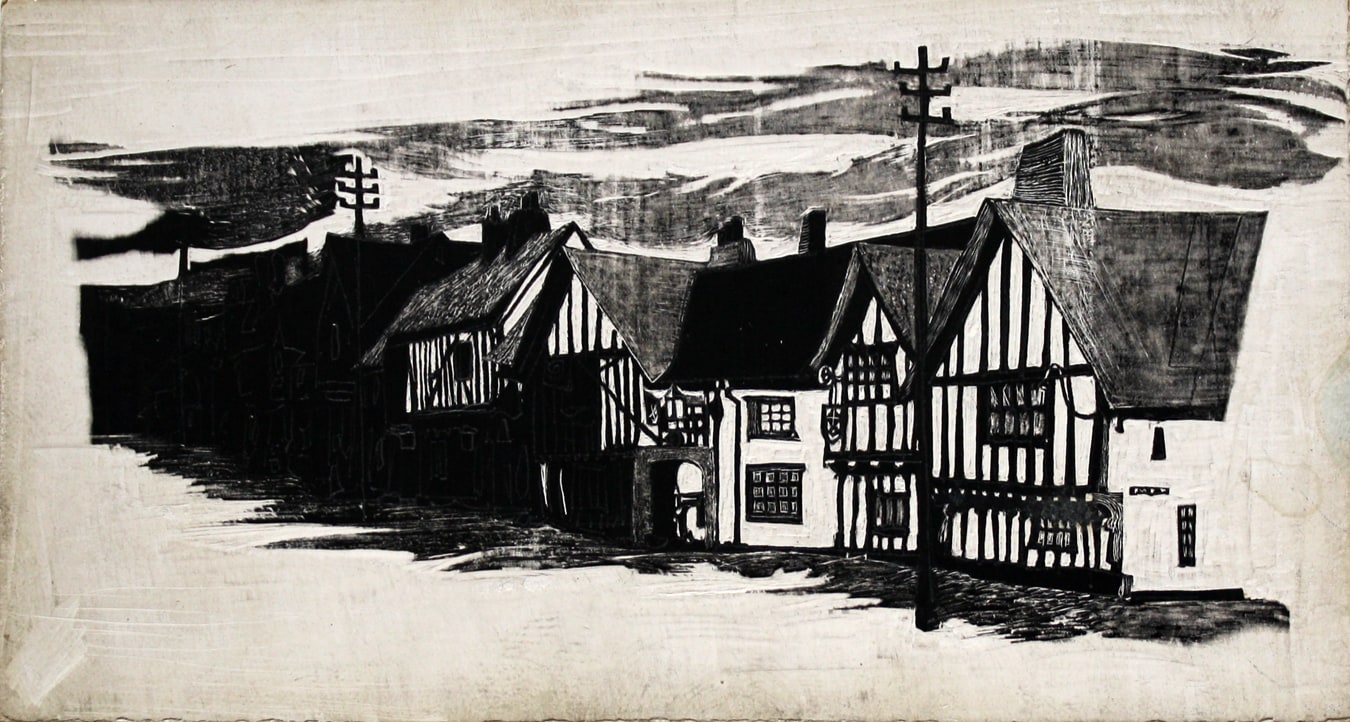 Marvin Bileck,&amp;nbsp;Untitled (Houses), c. 1955-1965, scratchboard, 2 13/16 x 5 3/16 inches