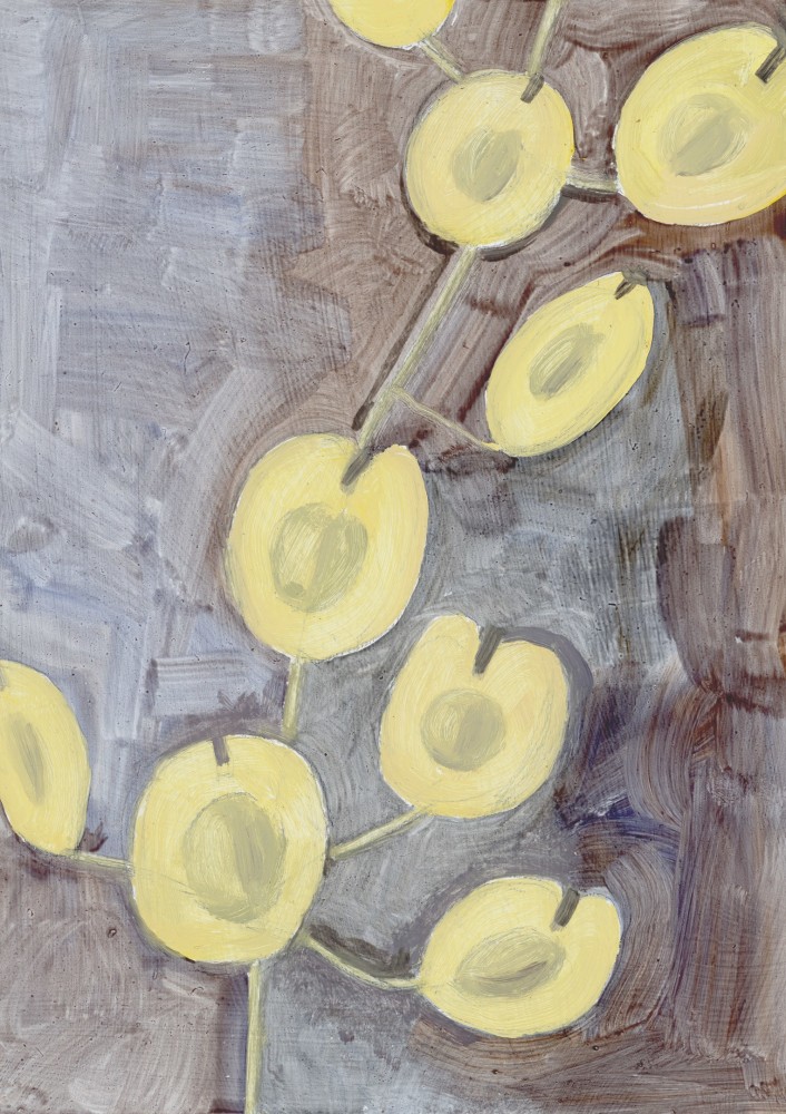 Painting of a branch of yellow seed pods on a blue-brown ground