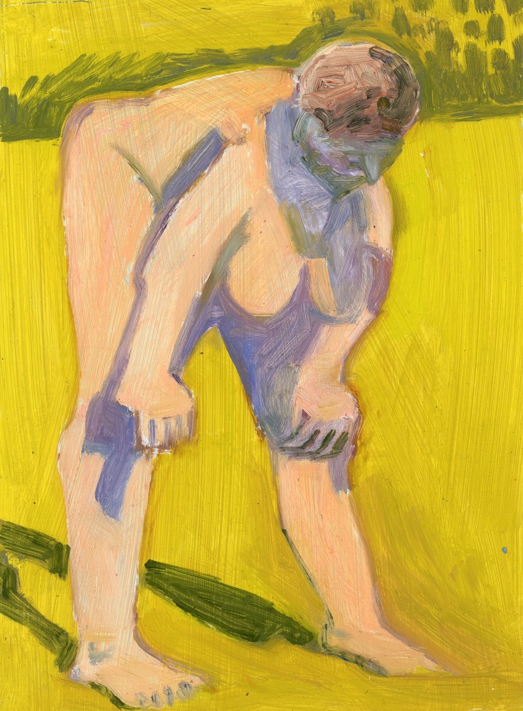 Painting of a nude figure bending forward, with hands on knees, in front of a yellow ground