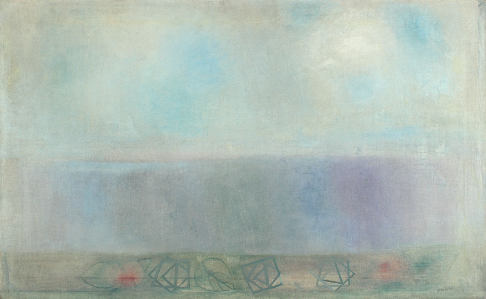 Abstract painting with organic washes of blue, white, and purple, with a collection of organic and geometric forms along the bottom