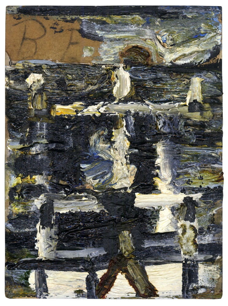 Abstract painting on paper consisting of swaths of black, white and yellow paint on a brown surface
