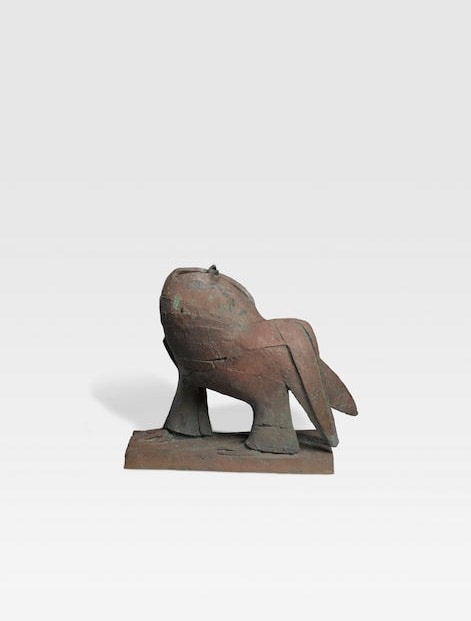 Bronze sculpture of a surreal, bird-like creature