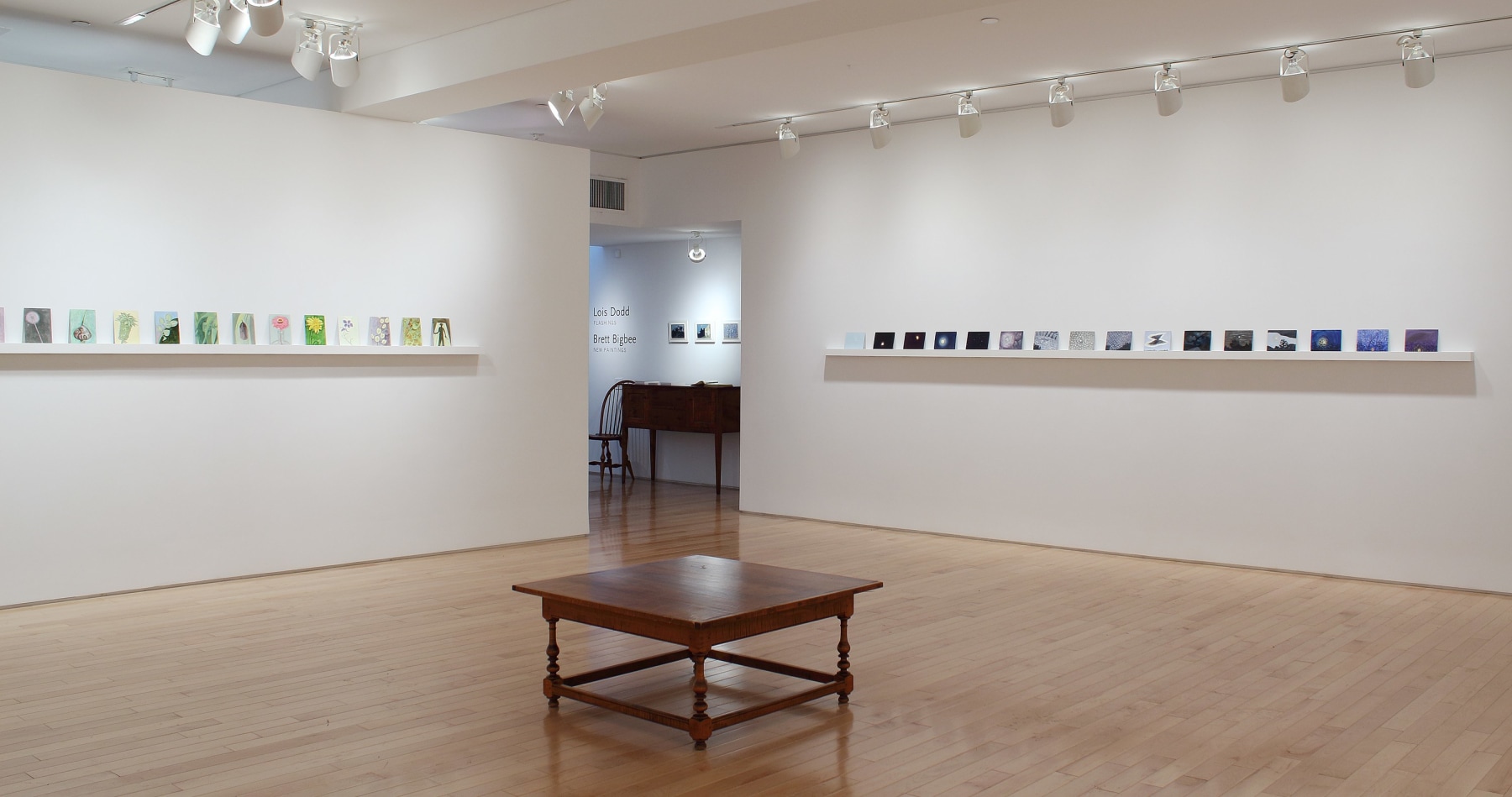 Photograph showing a corner view of an exhibition space, each wall holding dozens of paintings on a long shelf