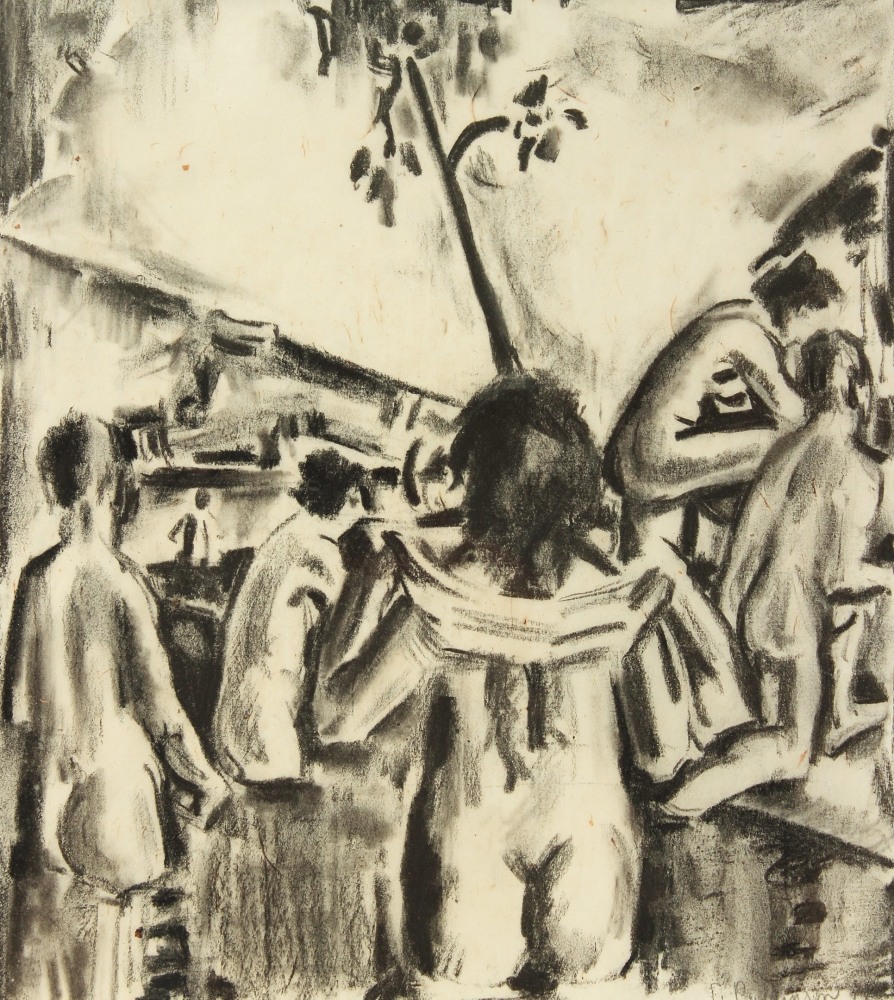 Charcoal drawing of a group of nude figures wading in a pool outdoors