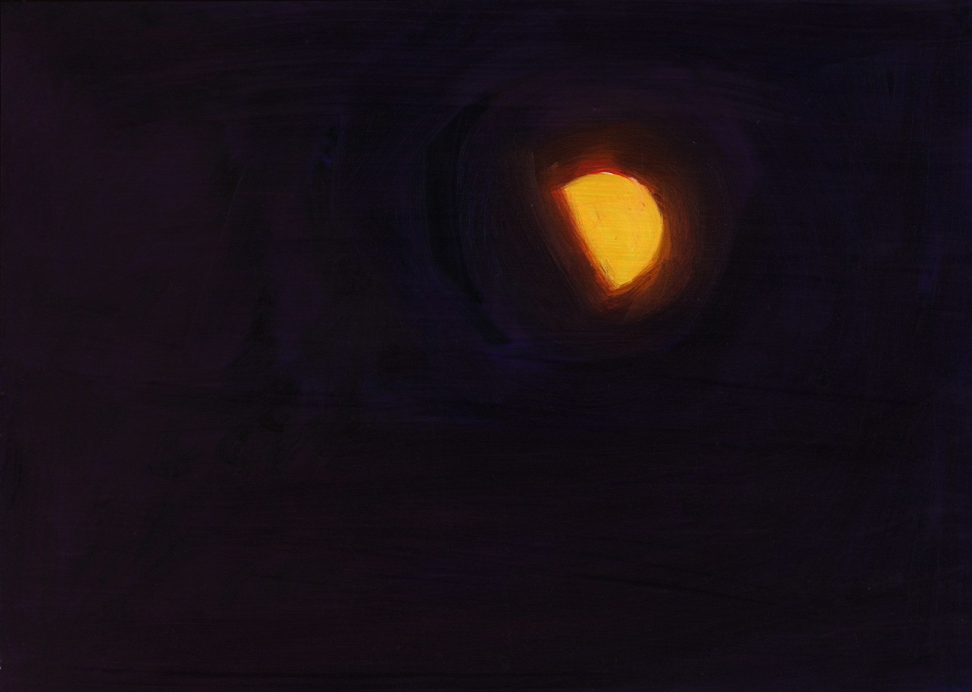 Painting of a portion of the moon surrounded by a red halo in a black sky