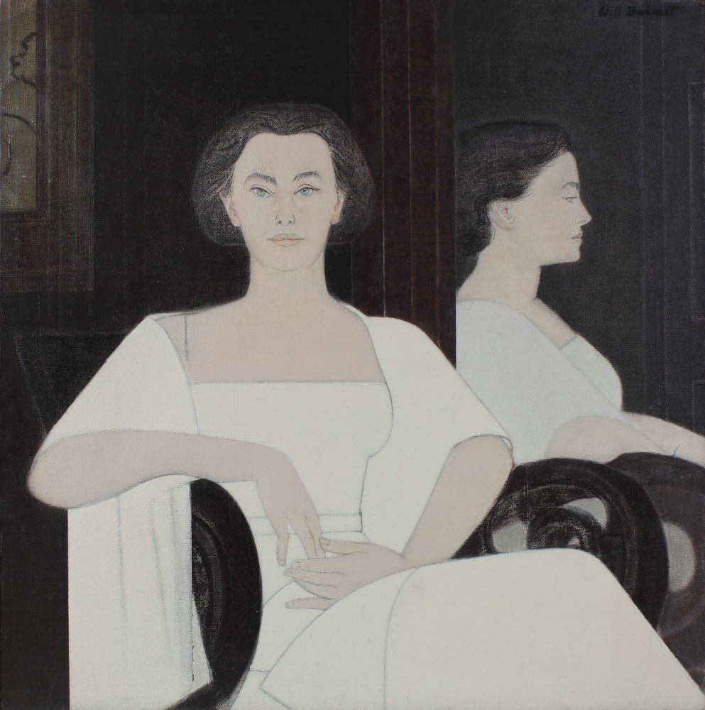 Painting of figure in a white dress seated in a dark interior, reflected in profile in a mirror in the background