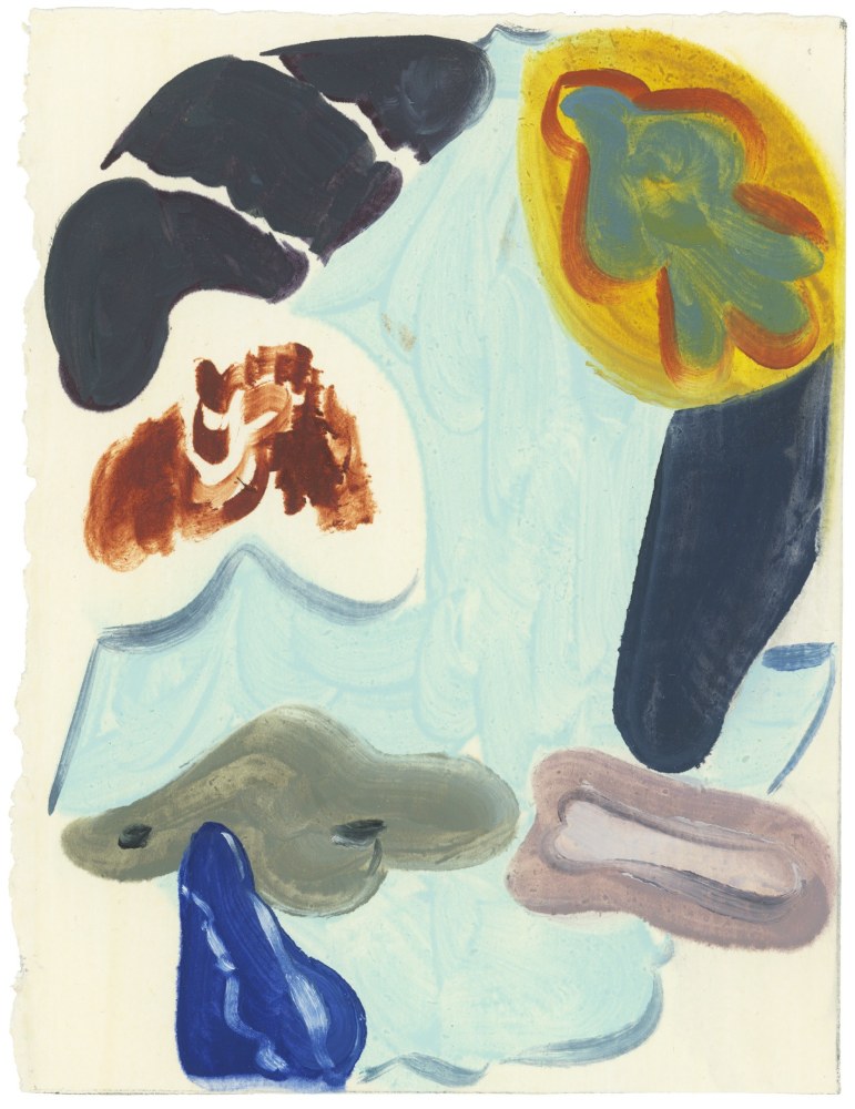 Abstract painting with organic blue, grey, lavender, yellow and brown on a cream-colored ground