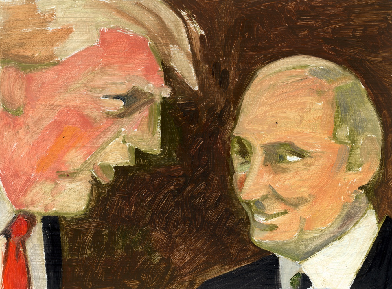 Painting of Donald Trump and Vladimir Putin against a dark brown background
