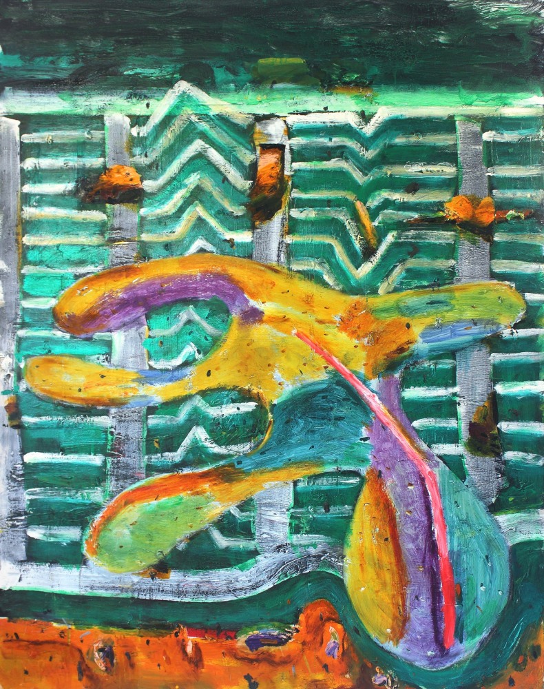 Abstract painting consisting of lines and forms in yellow, purple, red, blue, orange, teal and green