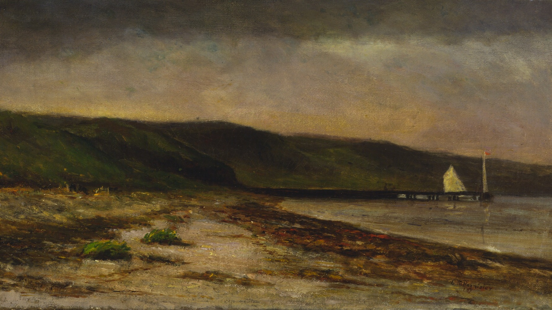 Landscape painting of sandy shoreline meeting the sea with a white sailboat at the dock and green hills in the background