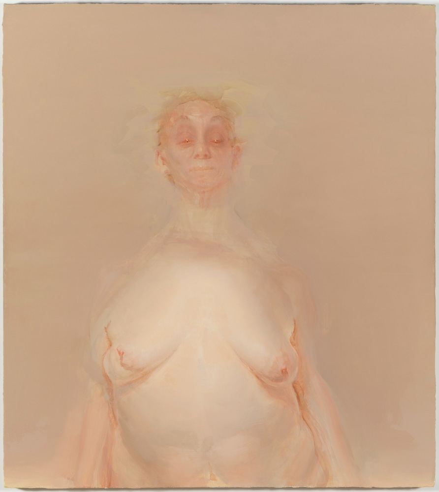 Painting of a nude figure standing against an atmospheric, beige background
