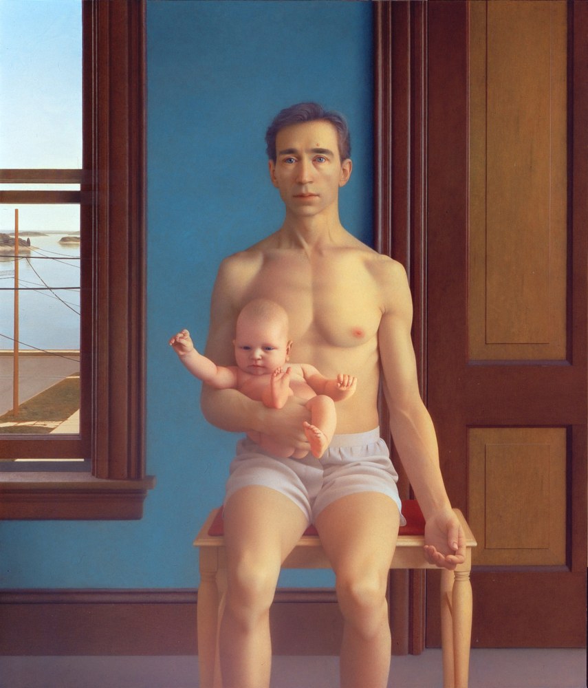 Painting of a man seated in a blue interior holding an infant, with a window looking out to a seascape on the left