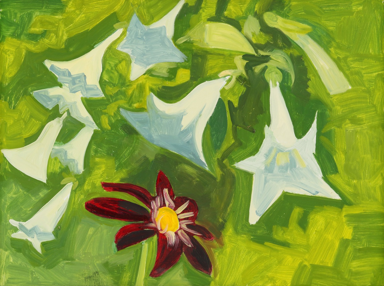 A painting of eight white flowers and one deep red flower surrounded by grass