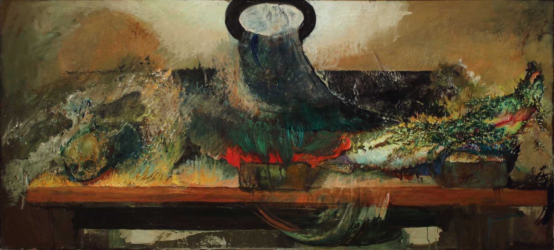 Expressionist painting of a macabre still life scene on a wooden table