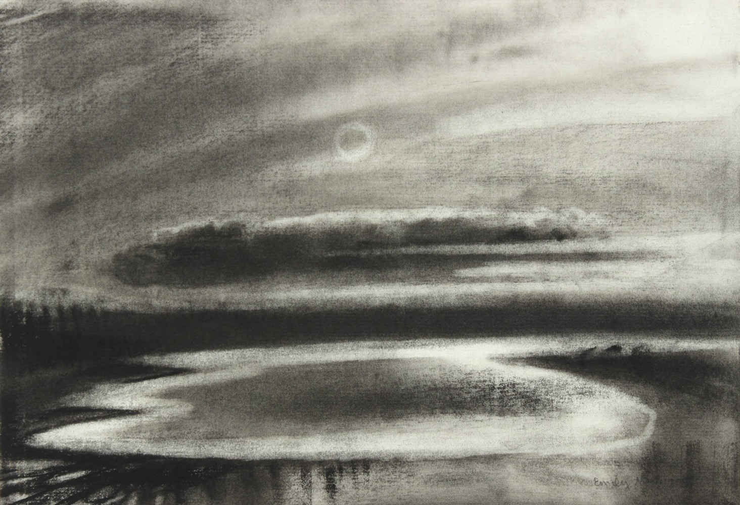 Atmospheric charcoal landscape drawing of the moon in a cloudy sky, reflecting off the sea below