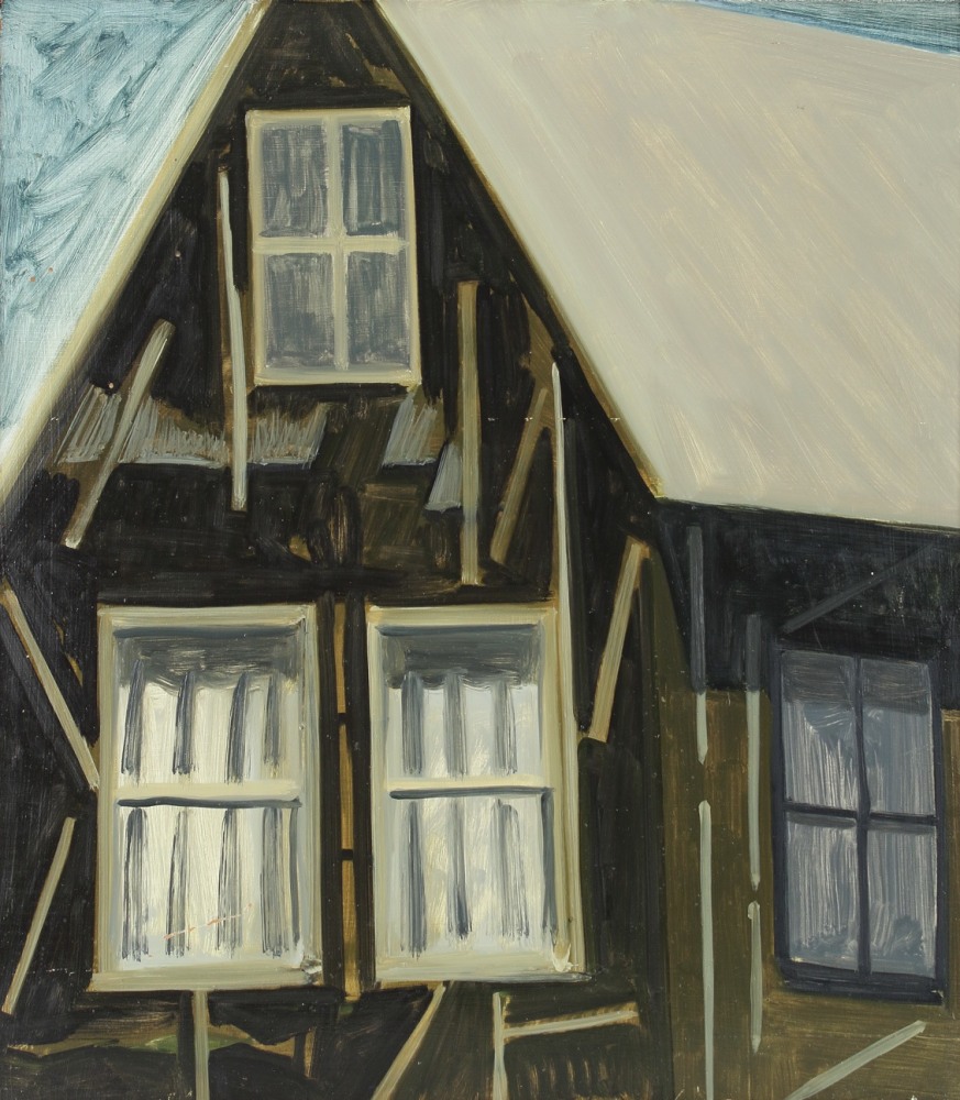 Judy&amp;#39;s House Roof Peak, 1983, oil on Masonite, 17 x 15 inches