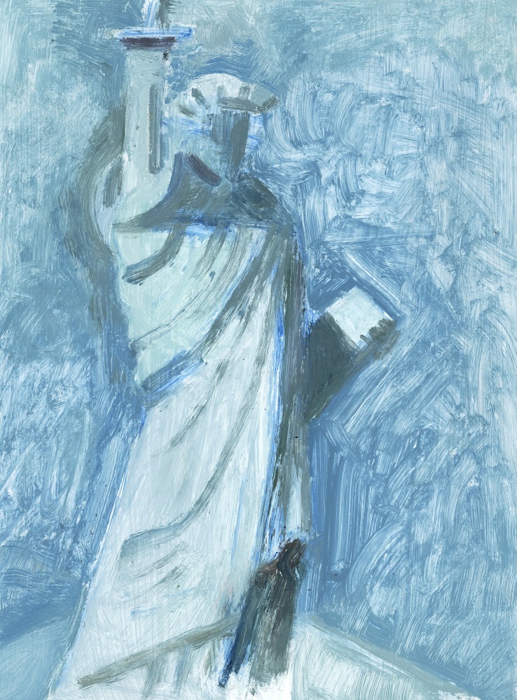 Painting of the Statue of Liberty against a blue ground