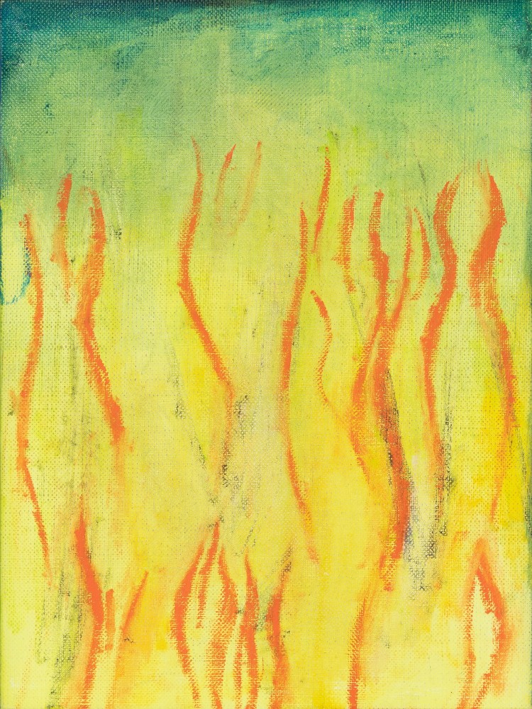 Painting of red, flame-like lines dancing over a yellow and green surface