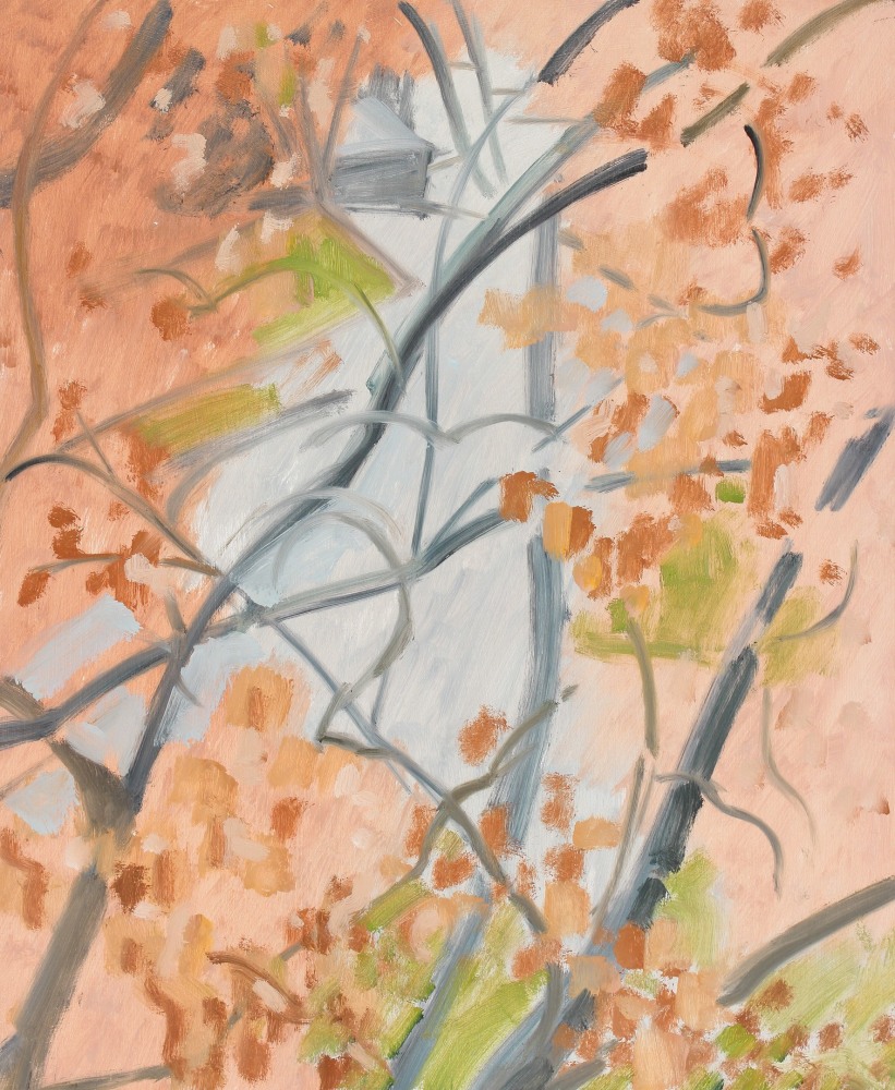 A painting of grey tree branches and pink flowers