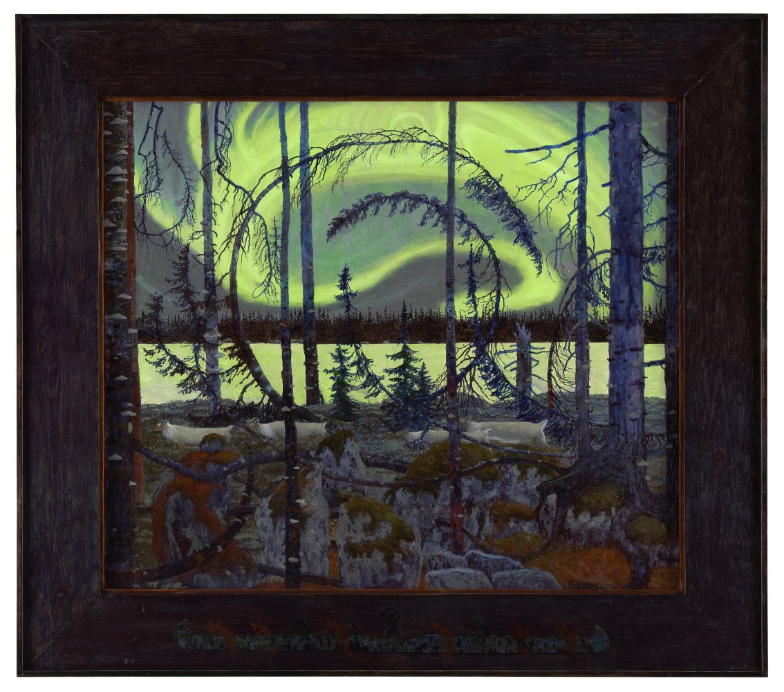 Landscape painting of surreal trees twisting into circles with the Northern Lights over a body of water in the background