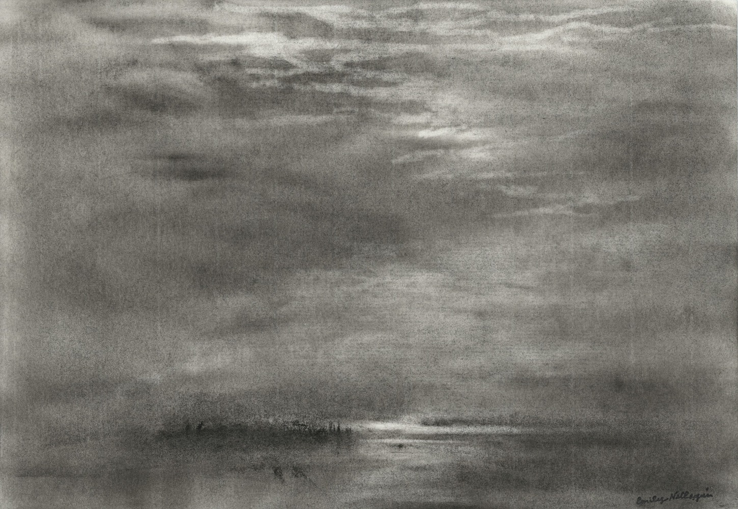 Charcoal landscape drawing of a hazy, cloudy sky over the sea, with dim sunlight coming through the clouds and reflecting off the water