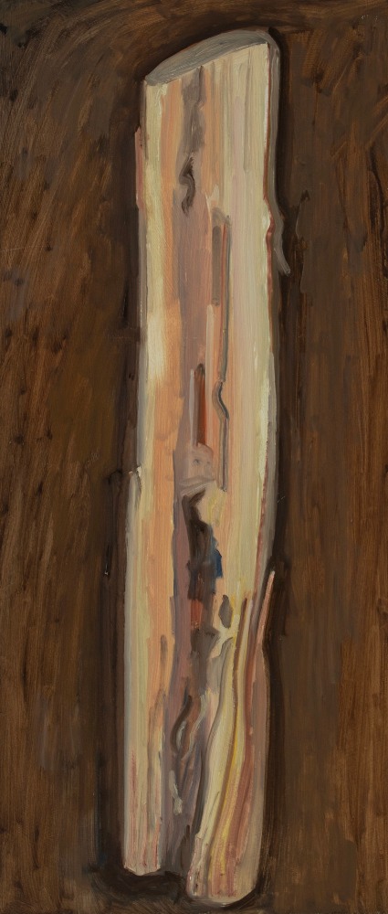 Split Log, 2022, oil on Masonite, 20 x 8 3/4 inches