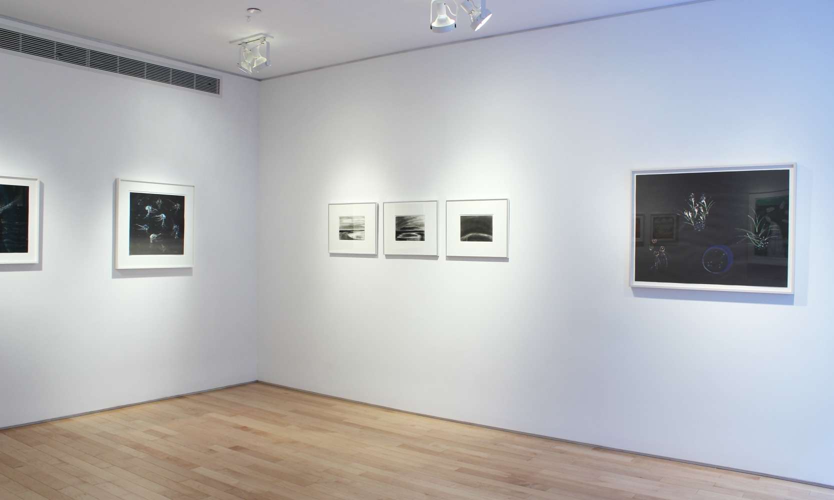 Photograph showing a corner view of an exhibition space, with six framed drawings hanging on white walls