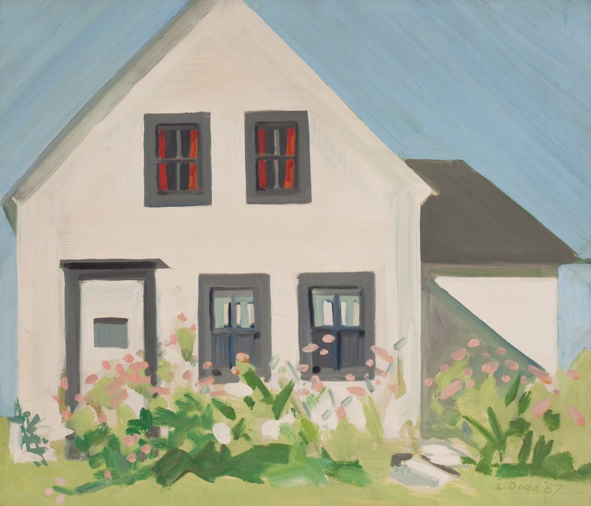 Painting of a white building with pink flowering foliage in the front and a blue sky overhead