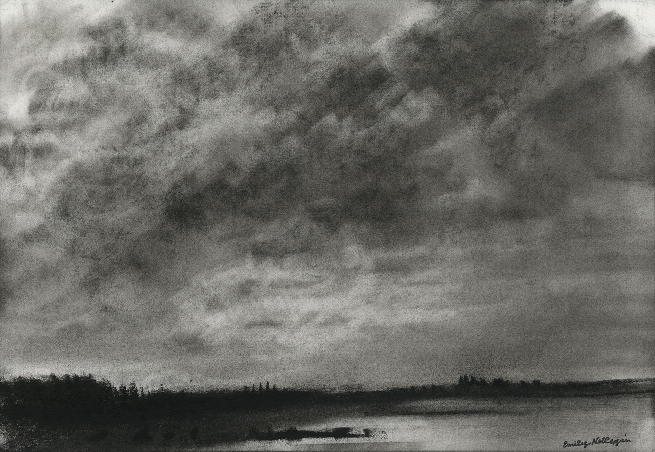 Charcoal landscape drawing of a cloudy sky, ocean, and a tree-lined shore