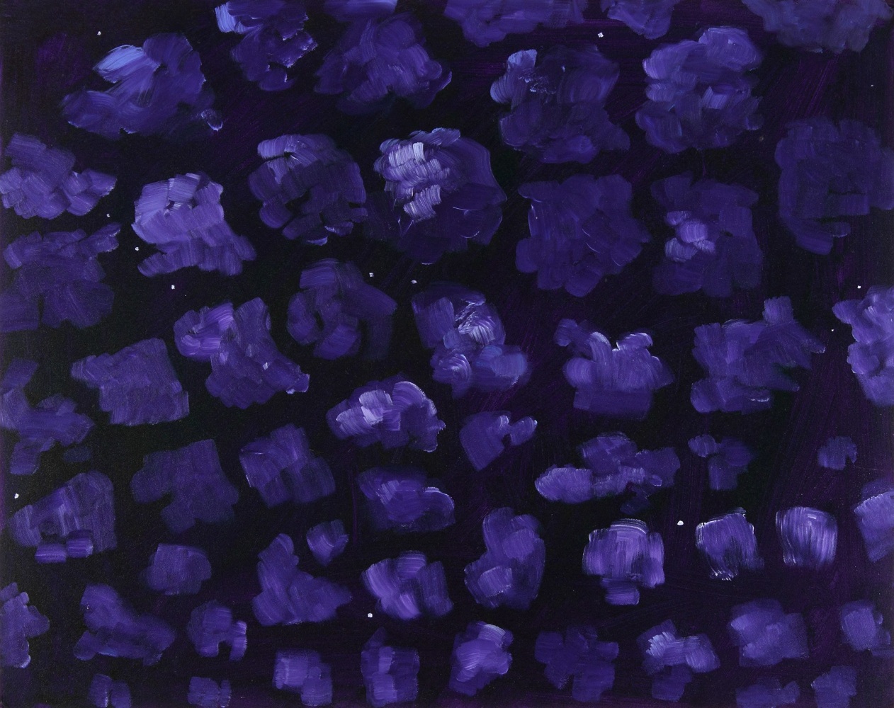Painting of blue-violet clouds scattered across a dark black sky with stars