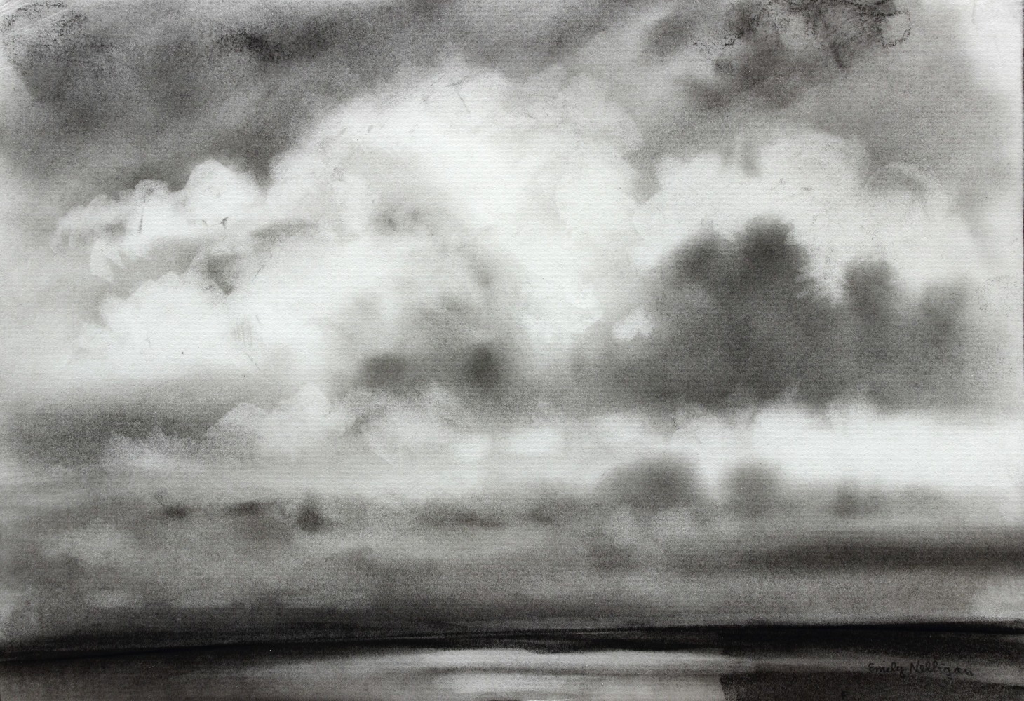 Charcoal landscape drawing of a sky filled with large, fluffy clouds over the sea
