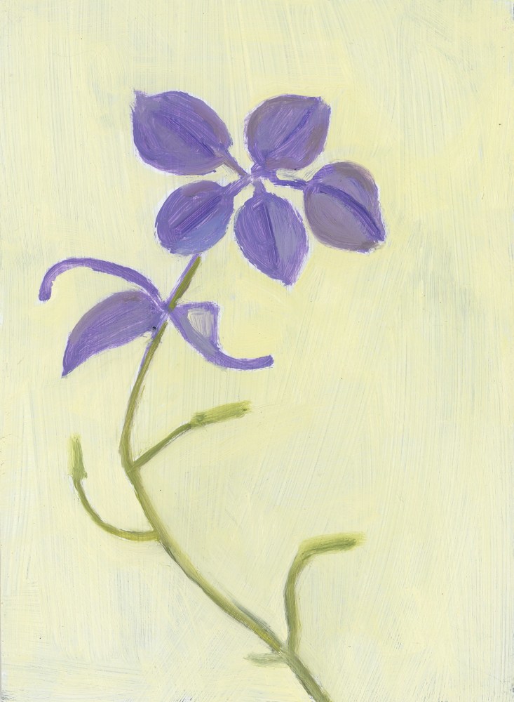 Painting of a purple flower against a pale yellow ground