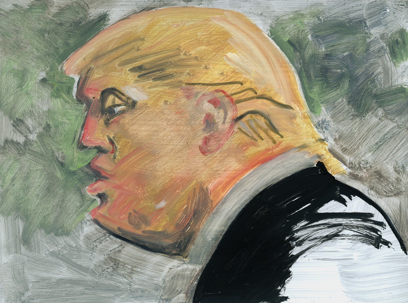 Painting of Donald Trump in profile against a green and grey ground